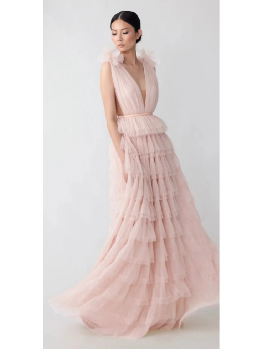 Women's SAU LEE Sabrina Tulle Maxi Dress, Size 12/14 L Nude Pink NWT